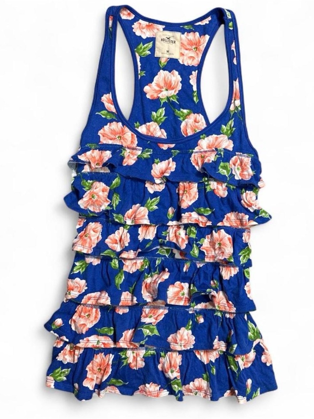 Y2K 2000s Preppy Hollister Blue Floral Ruffle Tank 100% Cotton